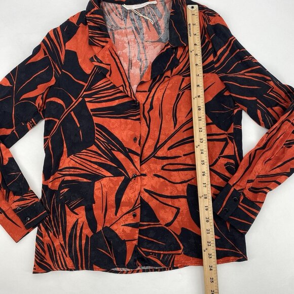 Zara Size Small Leaf Print Collar V-Neck Button Front Long Sleeve Blouse Satin - Picture 8 of 12